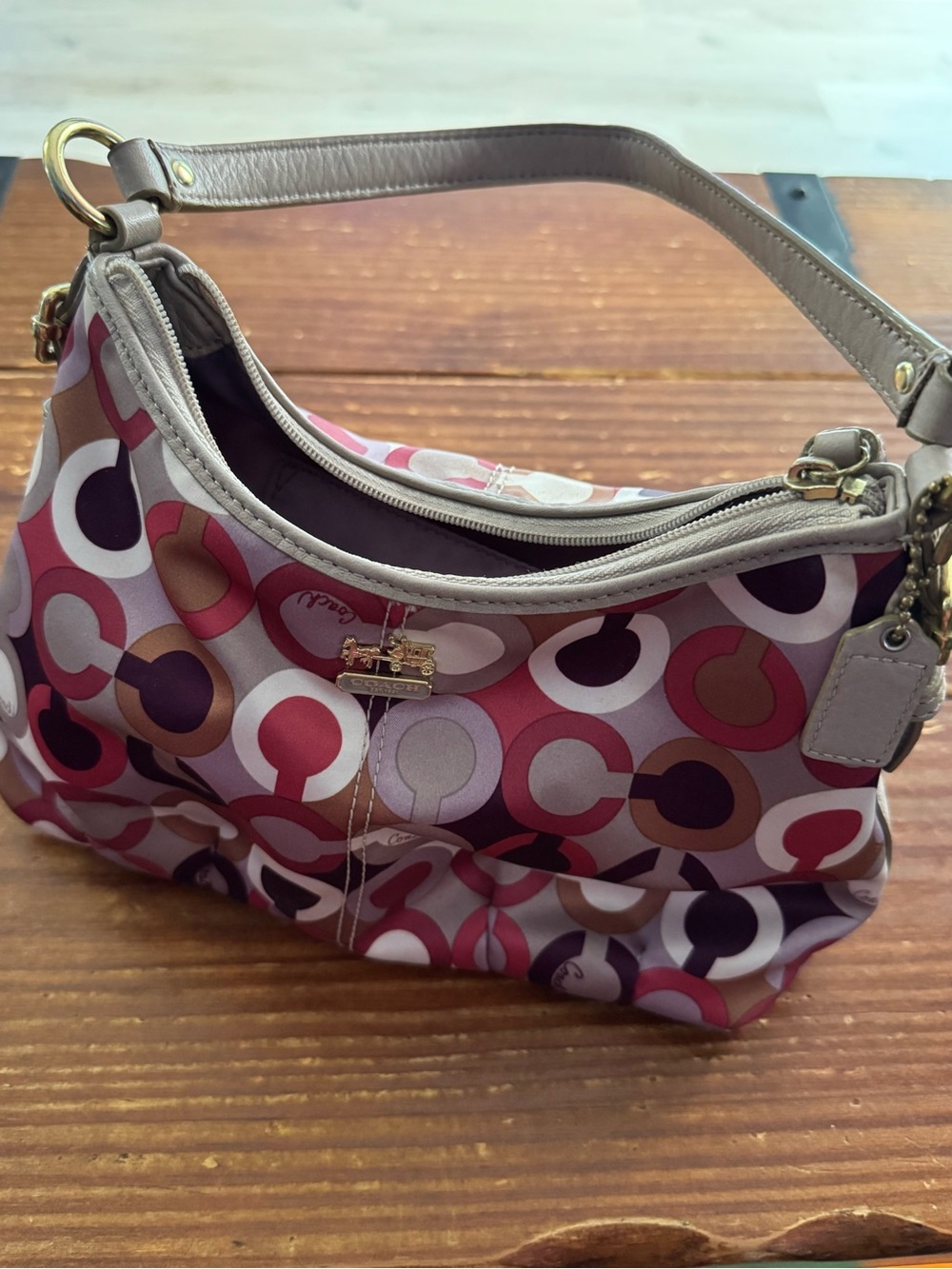 Coach Circle Print Shoulder Bag in Pink, Brown & Cream